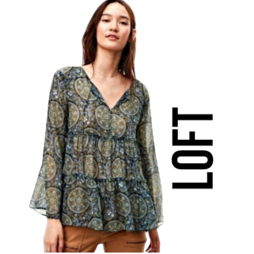 Loft By Ann Taylor Size XS Blue Paisley Frilled Doll Chiffon Bell Sleeve Top